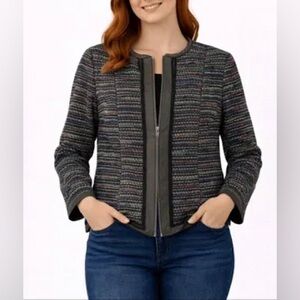 Rachel Roy Genuine Leather and Boucle Zip Front Blazer Size 4 Black Multicolor